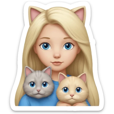 blonde girl with long blonde hair and blue eyes with chubby gray cat sticker