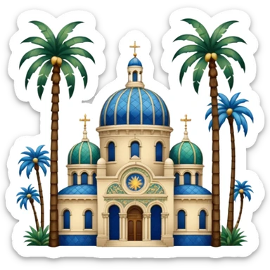 Ornate California dome with blue, gold, green tiles, next to a tall tower, Spanish Colonial Revival, palm trees, simple sticker