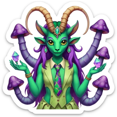 Feminine green and purple Scorpio Baphomet standing among trippy tie-dye mushrooms.. she’s holding a crystal in one hand and  holding a scorpion in the other hand sticker