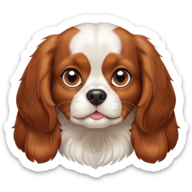 Cinematic Cute Blenheim Cavalier King Charles Spaniel Portrait Emoji, Head tilted playfully and inquisitively, silky Blenheim coat with warm chestnut and crisp white patches, round, sparkling brown eyes filled with curiosity, Simplified yet irresistibly adorable features, highly detailed, glowing with a warm, friendly glow, high shine, affectionate and lively, stylized with a touch of whimsy, bright and endearing, soft glowing outline, capturing the essence of a mischievous yet loving pup, so playful it feels like it could pounce out of the screen and into your arms! sticker