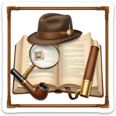 Icon for Detective Reading: an open book with text and a magnifying glass on the pages, a classic detective hat, and a pipe, surrounded by clues like footprints, a revolver, and a notepad. The icon should represent the mystery and intrigue of detective stories. Transparent background. sticker