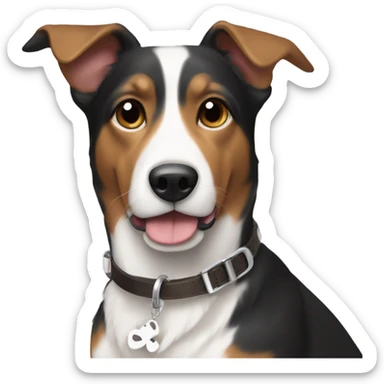 Black white and brown tri colored dog  with floppy ears wearing a T initial collar  sticker