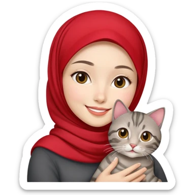 Asian White girl wearing red hijab holding a black grey tabby cat while smiling.  sticker