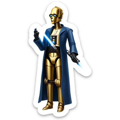 undercover tough well-equipped jedi first order life-sized darkblue-pearl C3po as a friendly bounty hunter droid wearing a leather clothing old west duster coat holding light saber sticker