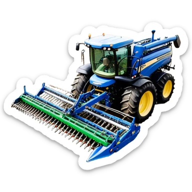 Bourgault 3420 Paralink Hoe Drill (2022) – Cinematic-realistic John Deere 6155M tractor hauling a Bourgault 3420 Paralink Hoe Drill, its powerful green frame pulling the vast blue seeder across endless fields. The machine plants seeds with pinpoint accuracy, leaving precise rows in the rich brown soil,  sticker