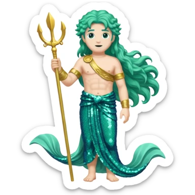 Neptune from Roman Deities with long sea green wavy hair, sea green sequin toga sticker
