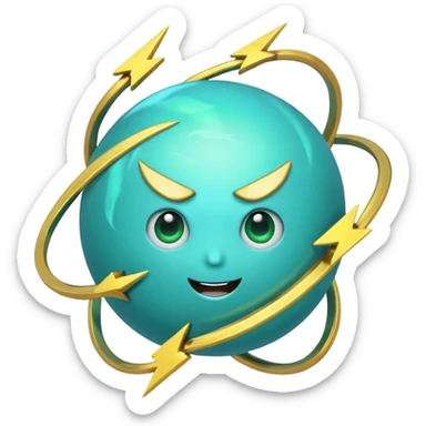 Uranus planet emoji in Apple style, blue-green color, dynamic rings, fun, excited, and expressive face, prominent bold lightning bolt symbolizing chaotic and unexpected energy sticker