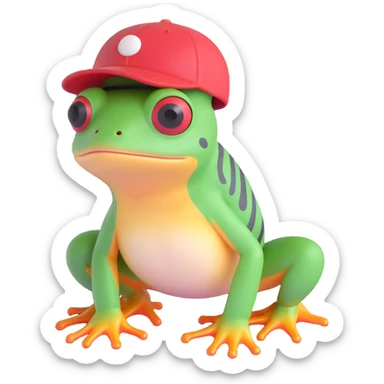 Tiny tropic frog wearing a baseball cap sticker