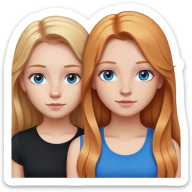Two girls together. Girl 1: blonde long straight hair, hazel eyes, pink crop top.  girl 2:  long wavy ginger hair, blue eyes, nose ring, black shirt sticker