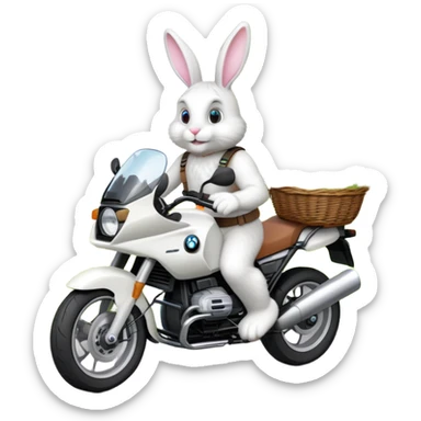Easter bunny riding a BMW boxer motorcycle with trees and grass in the background, colorful Easter eggs hidden in the grass, and more bunnies watching from the side of the road sticker