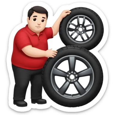 Very Fat white guy with dark hair and a red polo with black pants changing a tire on a car sticker