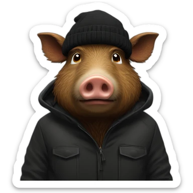fullface wild tired brown boar in a black jacket and a black winter hat sticker