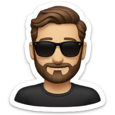 Short brown hair slicked back, brown Persol sunglasses, 3-day beard, black t-shirt. sticker