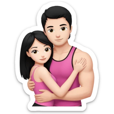 a pretty bratz fair girl. black hair, wearing a pink cami top, she is hugging a handsome fair guy with black hair. lean but muscular.the boy is wearing a black tshirt sticker