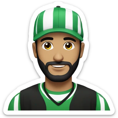 Arab guy with a black snapback and black beard, wearing a green and white striped football kit, DJing sticker