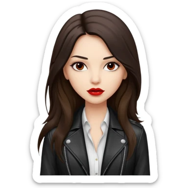 brunette with very long hair in black cuir jacket with red lips and very dark brown eyes and white shirt sticker