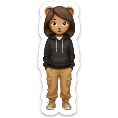 León tierno que sea mujer con pantalones guangos  y una sudadera negra con cabello suelto color castaño obscuro sticker