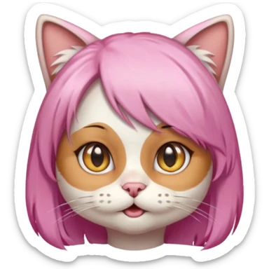 calico cat wear pink hair wig, white T-shirt sticker