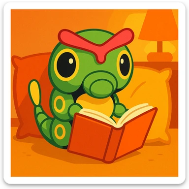 Caterpie reading a book, cozy cartoon style sticker