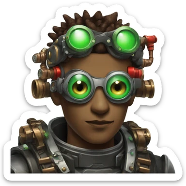 Male cyborg with thin red Mohawk and green steampunk goggles sticker