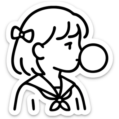 anime style school girl blowing a big bubble with bubblegum sticker