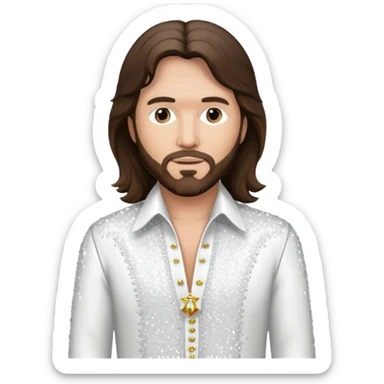 Barry Gibb from Bee Gees with long dark brown hair, white sequin outfit  sticker