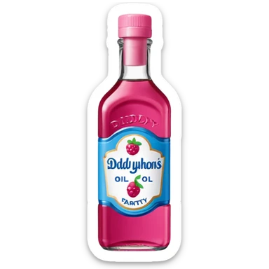 bottle of oil blue top pink outside with logo that says Diddy Party oil Johnson and Johnson  brand with a smiling berry on top sticker