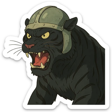 ghibli style illustration of a big black tiger, angry, wearing a helmet sticker