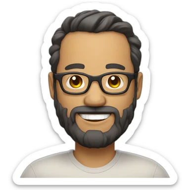 Mid age laughing chubby developer with light brown skin long beards and glasses and a very short black hair sticker