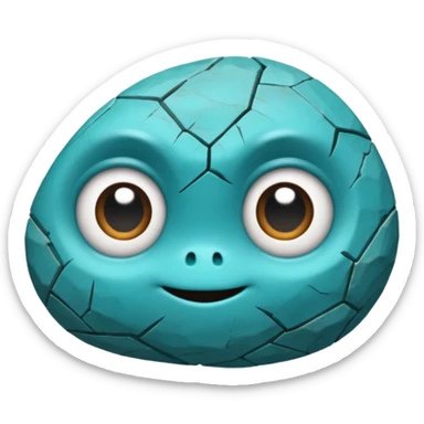 One small turquoise rock creature, rounded but still clearly a rock with cracks and facets, subtle shine, big expressive eyes and a shy smile, sticker