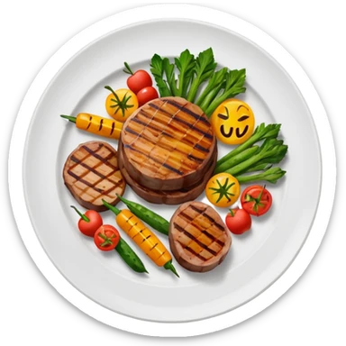 minimalist iOS style Apple emoji of a plate of grilled meat and vegetables sticker