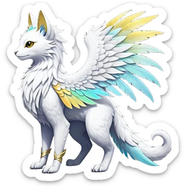 White Iridescent Colorful Exotic White, Gold, Yellow, Silver, Beaked Feathery Nocturnal Neon-glowing Abyssal Lightly Heaven-Cat-Gryphon-Suicune-Nargacuga-Silvally-Vernid-Sergal-Fakémon-Hybrid-Creature with tufted tail (full body) sticker