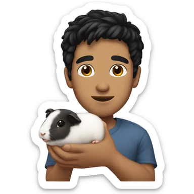 A guy with black hair holding a guinea pig  sticker