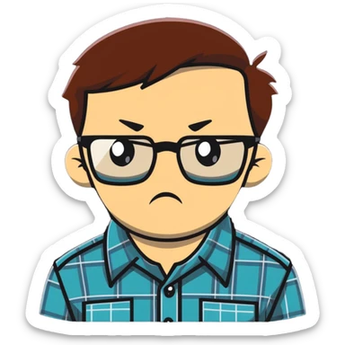 A stiff, uptight person with a scowling face looking fearful, wearing glasses and checkered shirt sticker