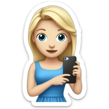 white girl in a blue dress holdind a cellphone sticker