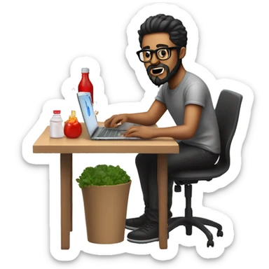 Designer with black hair, beard and glasses working with MacBook and ketchup bottle sticker
