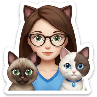 O data cu parul saten ,ochii griji-albastrii ,ochelari și codițe de pisica ..și langa o pisicuță alba pufoasa ,cu ochii verzi și o a doua pisica siameza pufoasa cu capul maro -negru și coada ,restul corpului un maro deschis spre alb  , ochii albaștrii  sticker