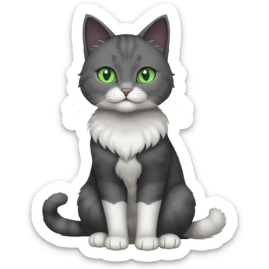 full body view of beautiful female solid dark grey cat with green eyes, white toes/paws and white patch on her chest sticker
