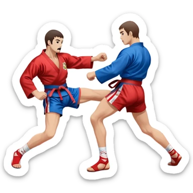 Two Sambo fighters in blue and red kimonos, with shorts and wrestling shoes, performing grappling and throwing techniques. The background shows a wrestling mat and an intense, focused atmosphere. Transparent background highlights the fluidity and skill of the sport without strikes. sticker
