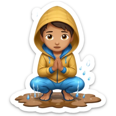 Character kneeling as rain hits the ground, one drop splashing exaggerated sticker