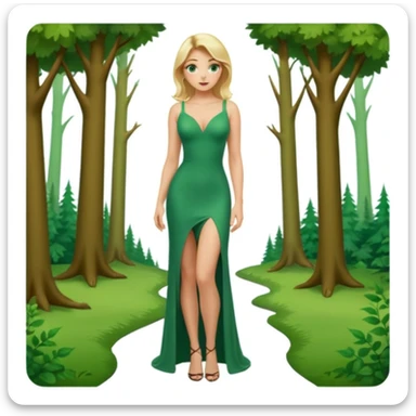 Queen, crown, blonde hair, green eyes, long green tight dress, decoltee,  Leg slit, whole Body, Background forest  sticker
