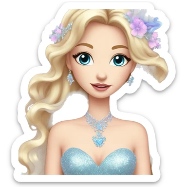 Gorgeous pastel Lady with blue eyes in a sparkly shiny dress with tiara and necklace and flowers behind her and trending  sticker