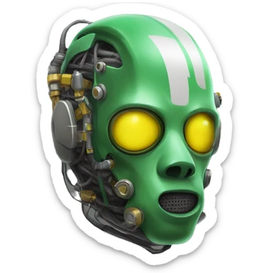 Green skin cyborg head with dark yellow Mohawk, white respirator mask and circuitry sticker