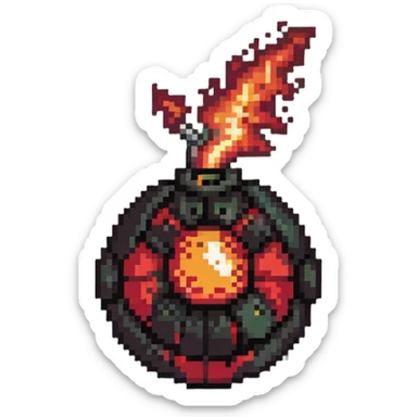 Red digital bomb with flame-shaped fuse at the top, round black bomb body with red accents, pixel art style sticker