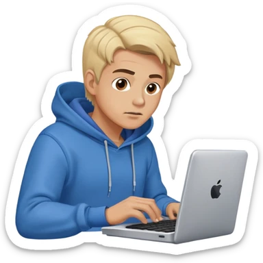 Typing fast ,making this expression 🫨,Blond man with brown eyes blue hoodie,coding, smoke coming from computer, cartoon style sticker