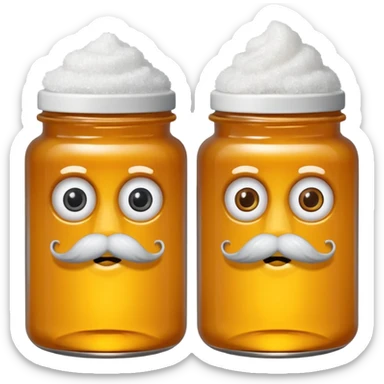 Garama and Madundung are together a gray container of salt and a honey container with a cloth on top. They each have eyes with white in the middle, a mouth, nose, and mustache both customary to their colors. They have hairy legs and emit an aura of salt (Garama), and honey (Madundung). sticker