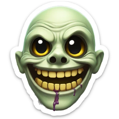 Create an image of a beaming zombie with a wide grin, holding a bright yellow smiley face emoji in its hands, surrounded by colorful flowers in a graveyard.
 sticker