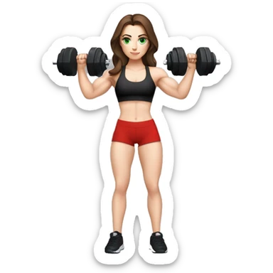 fitness girl with Brown Hair, Green Eyes, Pale Skin, Red Sports-Bra and a Black Bikershorts doing biceps curls with a Dumbell sticker