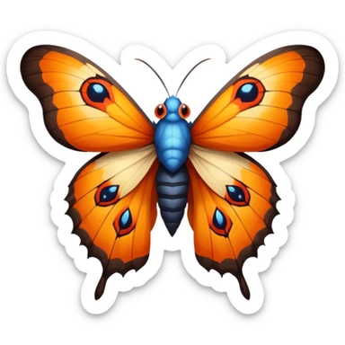 moth with blue eyes mornach butterfly wings orange and yellow with red godzilla eyes on the wings, brown tail, black Moth Insect Arms and legs almost like mothra sticker