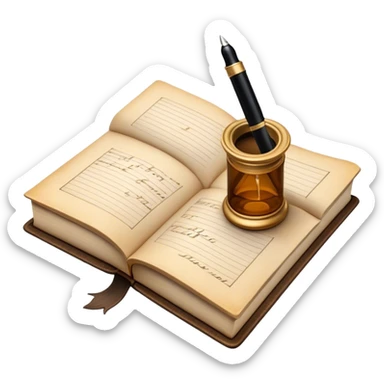 Create a vibrant emoji representing prose writing. The design should feature an open book with pages showing unfinished prose, a classic fountain pen or quill with black or dark blue ink, and an antique inkwell next to it. The pages should have visible lines of text, but some should remain unfinished, symbolizing the creative process. Use warm, earthy tones like brown, gold, and cream for the book and background, with the ink and pen in black or dark blue. The emoji should convey the idea of storytelling, creativity, and the unfinished nature of literary work. Make the background transparent. sticker